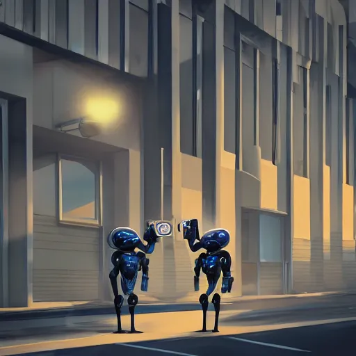 Image similar to a photograph of two alien robots sharing a coffee on an empty street corner, brutalist russian architecture, early morning, dramatic lighting, 4k, trending on artstation