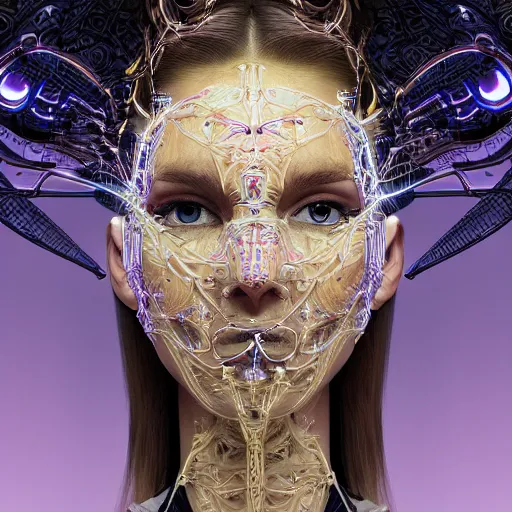 Prompt: very beautiful woman integrating with technology, full face frontal centered, portrait, insipiring, detailed intricate ornate neon cables connected to head, very detailed eyes, luxurious detailed abundent wiring and implants symmetrical mask, golen porcelain, renaissance, sci - fi, detailed technology background with cyber flowers and insects, dramatic lighting, photography, highly detailed, artstation, 8 k,