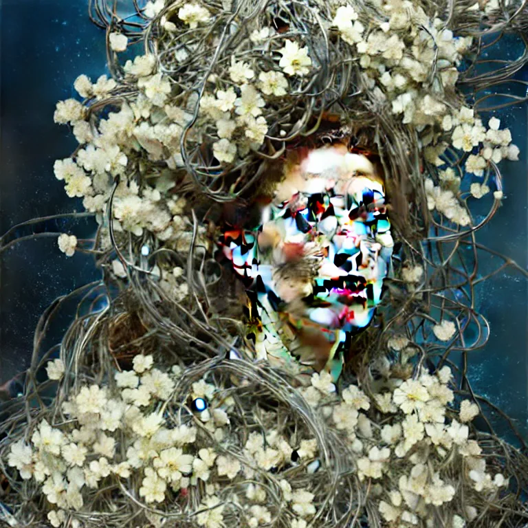 Image similar to hyperrealist realistic wonderful face portrait of a 2 0 4 4 space sport engineer, it is decorated with long wires and white flowers that fall like vines and wears a huge computer crown. by jeremy mann and alphonse mucha, fantasy art, photo realistic, dynamic lighting, artstation, poster, volumetric lighting, very detailed faces, 4 k, award winning