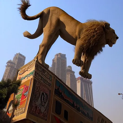 Prompt: lion of kasr el nil leaping above Tahrir square