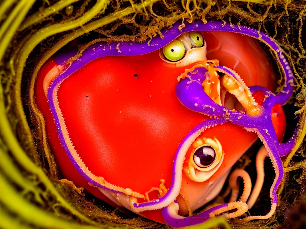 Image similar to a perfect portrait of a cross section of a squid with tiny humans burrowing wormlike through its juicy interior. macro extreme, eye popping wet colours.