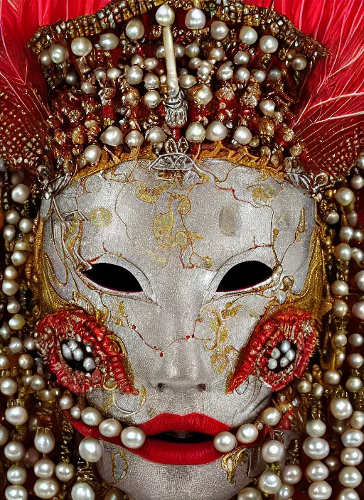 Image similar to hyperrealism, detailed textures, award winning autochrome photo, symetrical japanese pearl, beautiful animal pearl queen, autochrome pearl portrait, pearls, red feathers, silverplate, intricate, detailed facial pearl scary animal mask, pearl, golden jewelery, silverplate, ultra realistic, cinematic, intricate, by steve mccurry, unreal engine 8 k