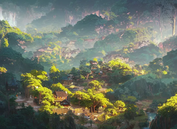 Image similar to concept art painting of a distant small woodland village by a river in a mountain valley seen from above, early morning, european japanese buildings, cel shaded, realistic, by makoto shinkai and moebius and anton fadeev and greg rutkowski and james gurney