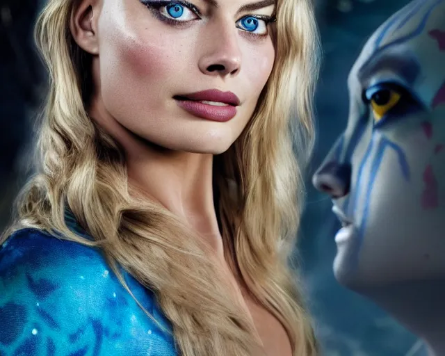 Prompt: a photo of margot robbie as a character in the avatar, hyper realistic face, beautiful eyes, cinematic, long shot, hyper detailed, 8 5 mm photograph, 8 k resolution, film still, sharp lens, wide lens