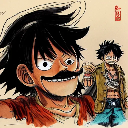 Image similar to [ luffy mustache ] ( by kim jung gi ) ( by george morikawa )