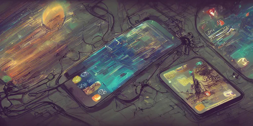 Prompt: smart phone interface by john j. park, extremely detailed, intricate, concept art, smooth, hyper realistic, vibrant colors, cinematic, surrealist art style, 3 5 mm grain filter, artstation