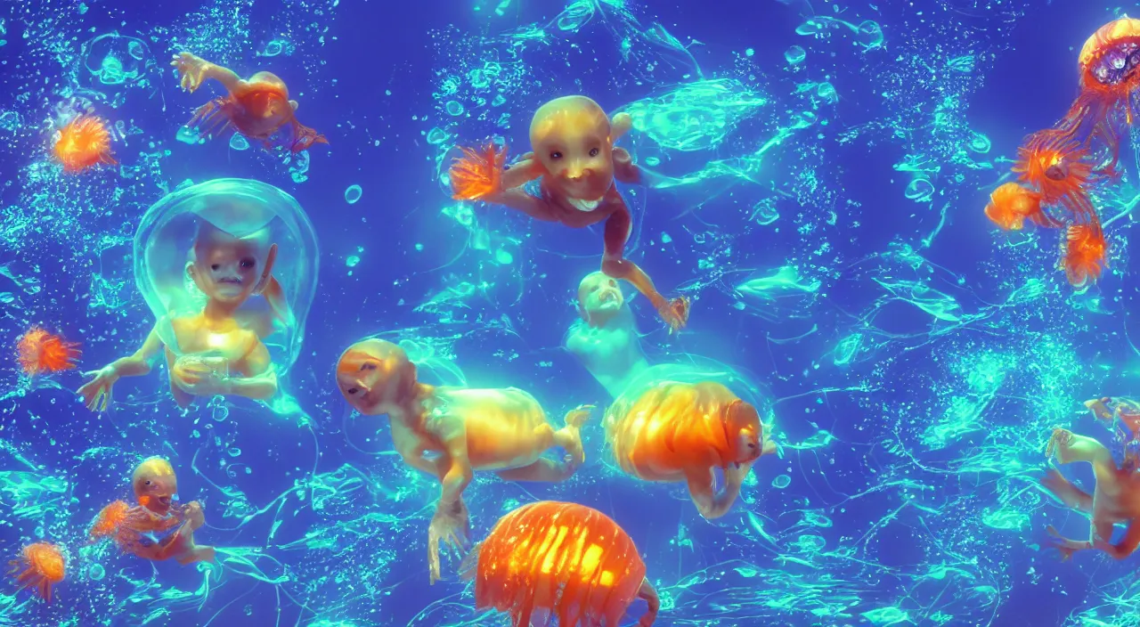 Image similar to three bio mechanical alien humanoid babies swimming underwater among glowing fish and jellyfish, 4 k post - processing highly detailed, 3 d render, modern photography