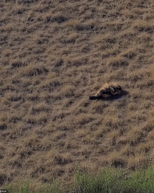 Prompt: sunset lit striped hyena laying in between savannah grass, zoomed out, shot from drone, iphone capture