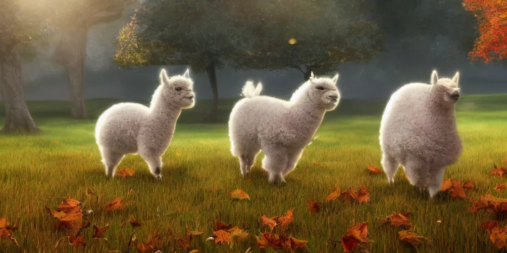 Image similar to magical fairy alpacas frolicking in a field, autumn, sparkles, light beams, photorealistic, hyperrealistic, 8 k, trending on artstation