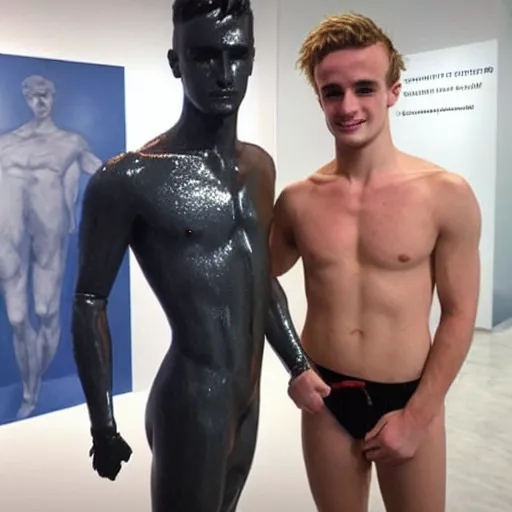 Image similar to “a realistic detailed photo of a guy who is an attractive humanoid who is half robot and half humanoid, who is a male android, British diver Jack Laugher & Chris Mears, shiny skin, posing like a statue, blank stare, at the museum, on display”