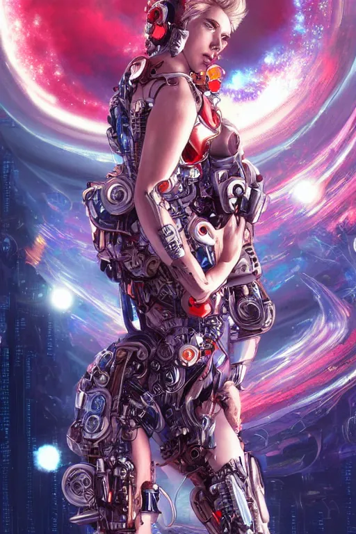 Image similar to celestial cyberpunk scarlett johansson with cybernetic implants emerging from the big bang, by artgerm and yoshitaka amano and moebius and alphonse mucha, hyperdetailed, dc comics, ornate, nebula, explosions in the sky, trending on artstation