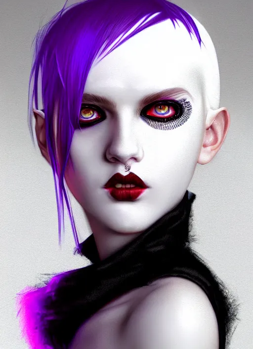 Image similar to whitebangs, black hair, black cyberlox, portrait of white teenage girl, normal face, white bangs, fluffy bangs, cyberlox, whitebangs, red contact lenses, purple background, intricate, elegant, highly detailed, digital painting, artstation, concept art, sharp focus, smooth, illustration, art by wlop, mars ravelo and greg rutkowski