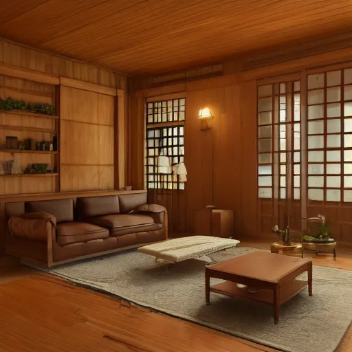 Image similar to Peaceful wooden mansion, unreal engine 5 tech demo, zillow interior, golden hour, living room, cozy, Frank Lloyd Wright ((Studio Ghibli))