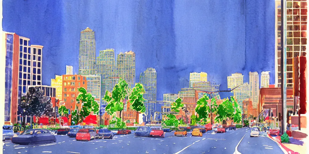 Prompt: watercolor, seattle city by david hockney