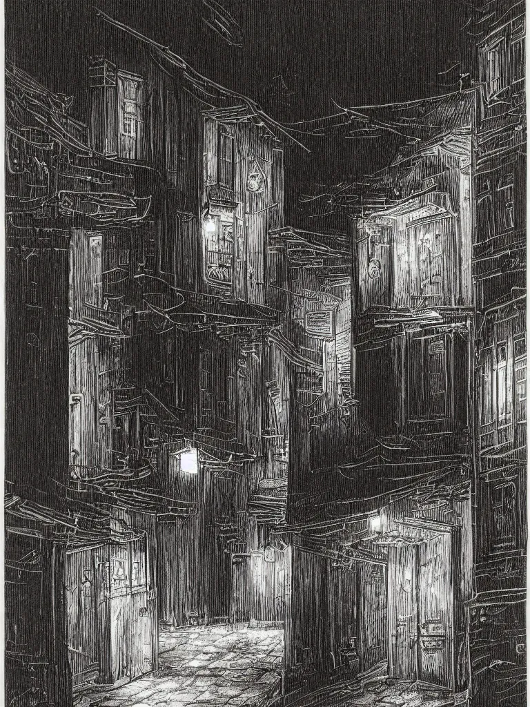 Image similar to a nightscene with a dark alley at the end an illuminated door in the style of hiromasa ogura