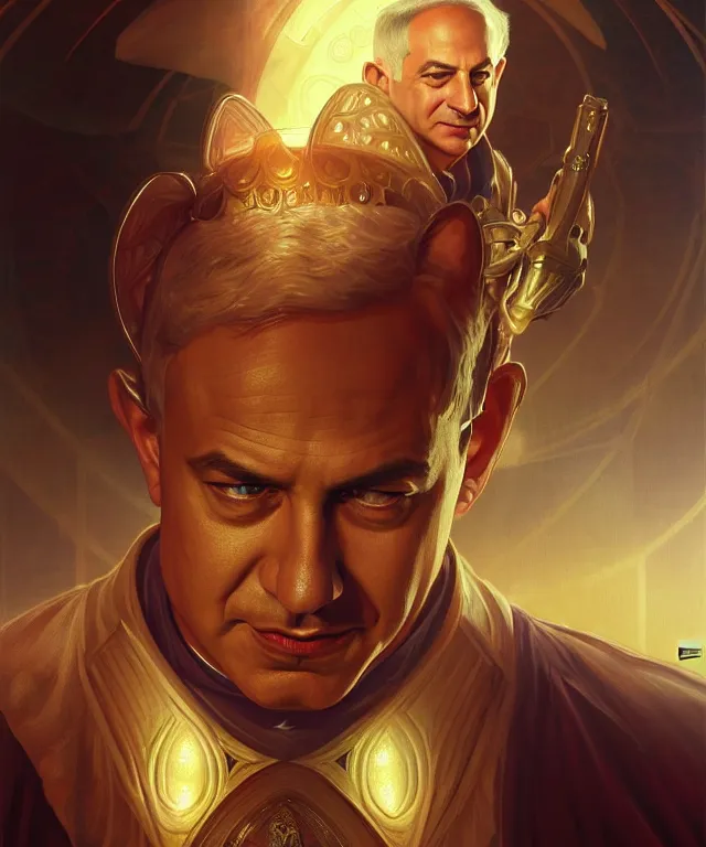 Prompt: Benjamin Netanyahu as a fantasy magic man portrait, sci-fi, amber eyes, face, fantasy, intricate, elegant, highly detailed, digital painting, artstation, concept art, smooth, sharp focus, illustration, art by artgerm and greg rutkowski and alphonse mucha