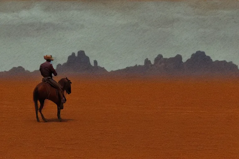 Image similar to a lone tired cowboy rides his horse in a vast desert valley, cinemascope, grand vista, greys and rust hues, fredrick remington, widescreen