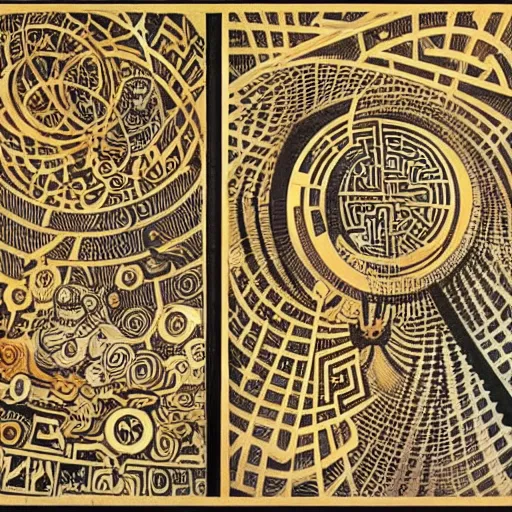 Prompt: maze labyrinth steampunk by albert gleizes and by hilma klint