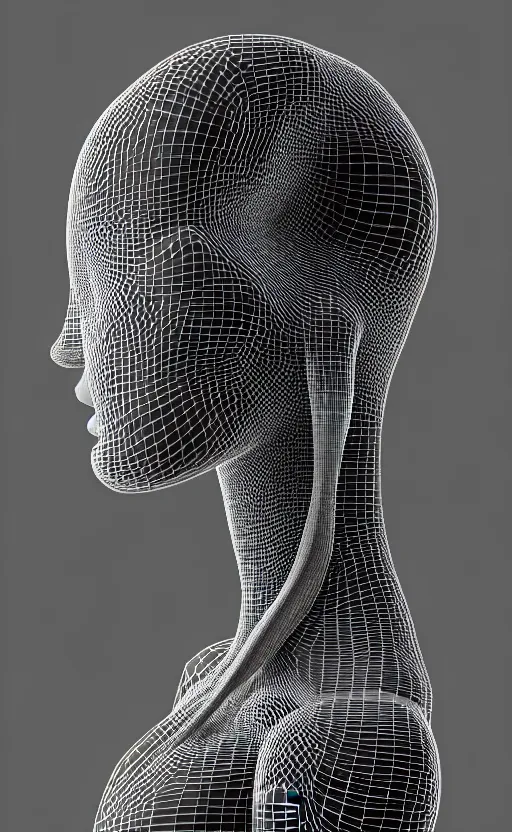 Prompt: black and white complex 3d render of a beautiful profile woman face, vegetal dragon cyborg, 150 mm, natural light, silver details, magnolia stems, roots, fine lace, maze like, mandelbot fractal, anatomical, facial muscles, cable wires, microchip, elegant, highly detailed, black metalic armour, rim light, octane render, H.R. Giger style