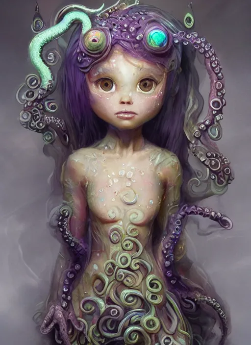 Image similar to A full shot of a cute magical monster Cryptid wearing a dress made of opals and tentacles. Chibi. Subsurface Scattering. Translucent Skin. Caustics. Prismatic light. defined facial features, symmetrical facial features. Opalescent surface. Soft Lighting. beautiful lighting. By Giger and Ruan Jia and Artgerm and WLOP and William-Adolphe Bouguereau and Loish and Lisa Frank. Sailor Moon. trending on artstation, featured on pixiv, award winning, sharp, details, intricate details, realistic, Hyper-detailed, HD, HDR, 4K, 8K.