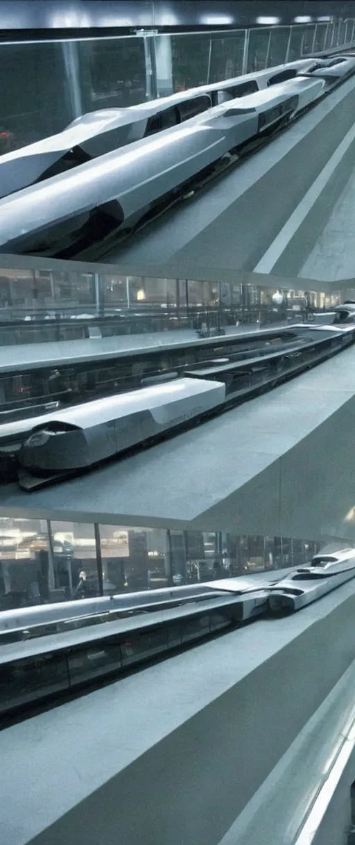 Prompt: maglev vehicles on maglev roads from the movie Minority Report,