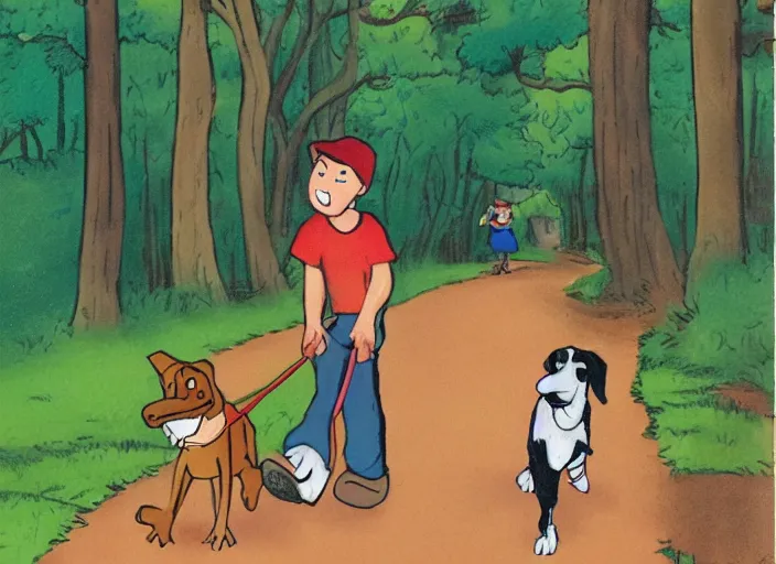 Image similar to A cartoon of a boy and his dog walking down a forest lane, disney