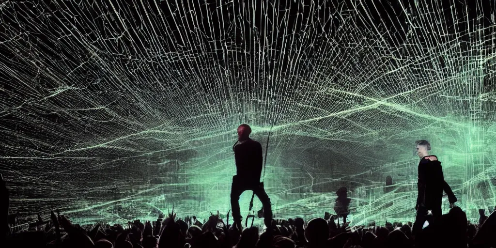 Image similar to Thom Yorke singer songwriter, Radiohead group of people on stage playing instruments, elaborate stage effects, dust, smoke, giant LED screens, colored projections, ultrafine detail, glowing thin wires, smoke, high contrast, projections, a screenshot by David Gilmour Blythe, holography, tesseract, volumetric lighting, anamorphic lens flare