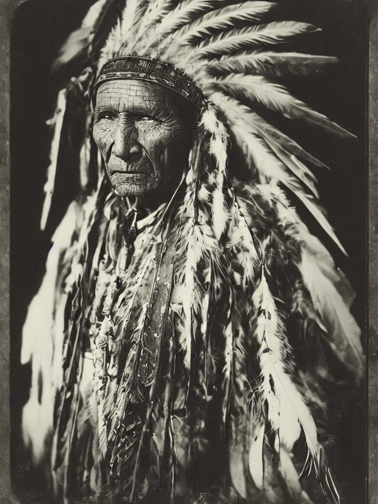 Image similar to a faded old black and white wet plate photo of an american indian chief,