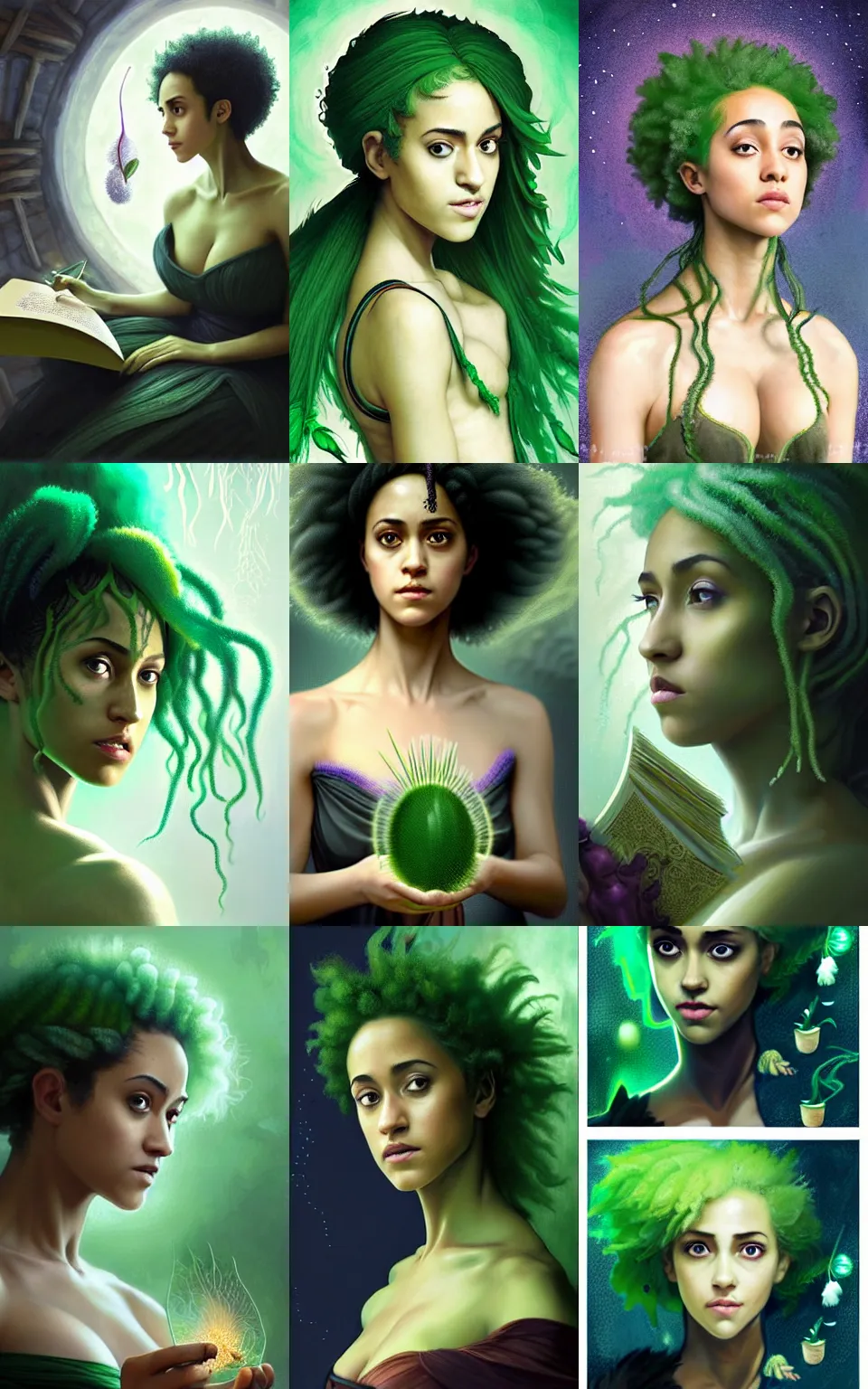 Prompt: character concept portrait of fascinated nathalie emmanuel as green-haired witch enchanting a germinating seed, a floating spell book in the center, intricate, elegant, digital painting, concept art, smooth, sharp focus, illustration, from Metal Gear, by Ruan Jia and Mandy Jurgens and William-Adolphe Bouguereau, Artgerm