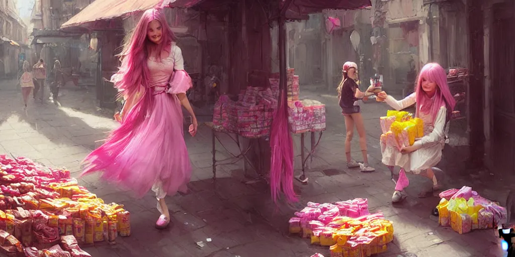 Prompt: happy girl with long hair buying candies, pink colours, greg rutkowski