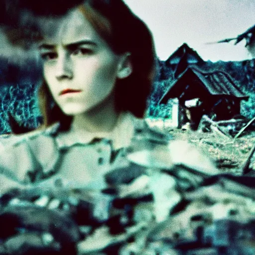 Image similar to film still, far view, landscape, emma watson soldier portrait close up in foreground, burning vietnam village, kodak ektachrome, blue tint expired film,