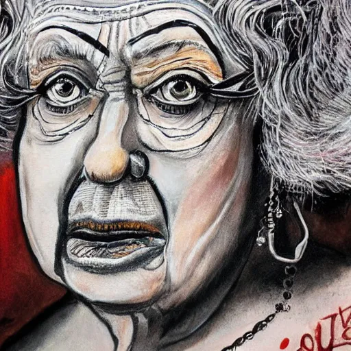 Image similar to close - up of queen elizabeth face painted as an old beggar by ralph steadman