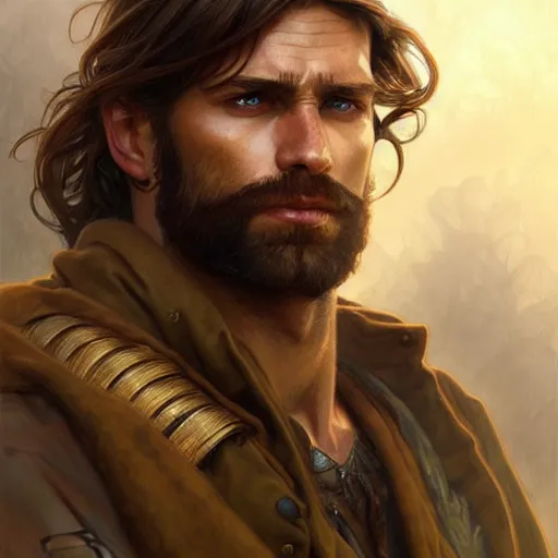 Image similar to Portrait of rugged male ranger, D&D, amber eyes, face, long hair, muscular, fantasy, intricate, elegant, highly detailed, digital painting, artstation, concept art, smooth, sharp focus, illustration, art by artgerm and greg rutkowski and alphonse mucha