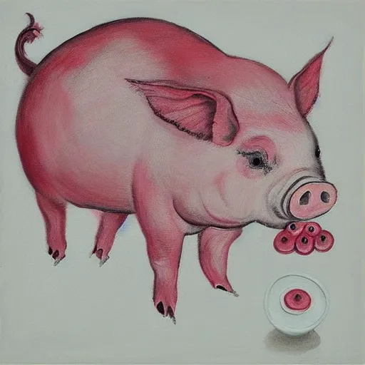 Image similar to “pig paintings and pig sculptures in a pig art gallery, pork, ikebana white flowers, white wax dripping, squashed raspberry stains, charcoal on paper, by munch and Dali”