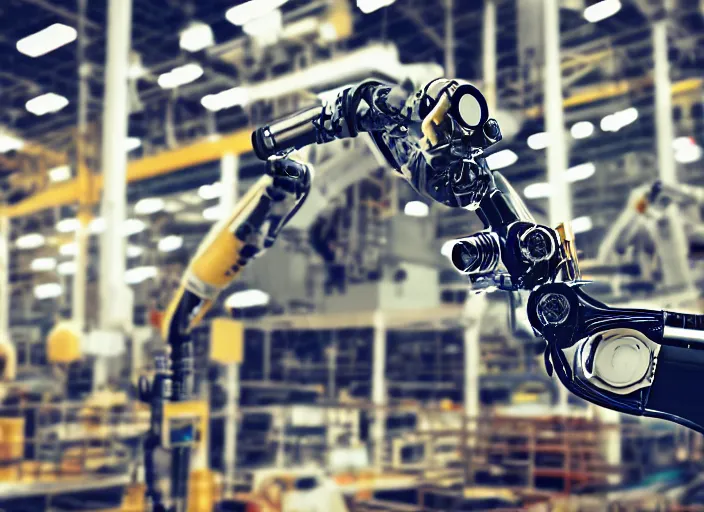 Prompt: a 3 5 mm photo of a robotic arm in a factory, bokeh, canon 5 0 mm, cinematic lighting, film, photography, golden hour, depth of field, award - winning