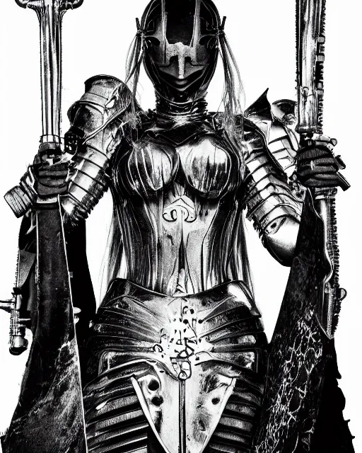 Prompt: portrait of a female crusader by tsutomu nihei, monochrome, gothic, dark, high contrast