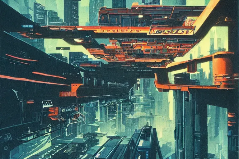 Prompt: 1 9 7 9 omni magazine cover of train bridge going through buildings in cyberpunk style by vincent di fate