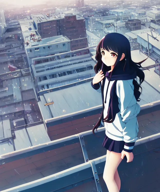 Prompt: anime visual, portrait of a young black haired girl wearing hoodie sightseeing above the urban city, on the school rooftop, guardrail, cute face by yoh yoshinari, katsura masakazu, dramatic lighting, dynamic pose, dynamic perspective, strong silhouette, ilya kuvshinov, moody, detailed