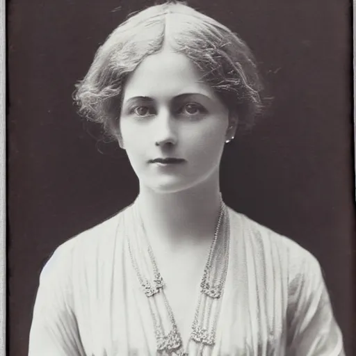 Prompt: edwardian photograph of a beautiful woman, elegant, symmetrical, staring at the camera, very grainy, 1900s, 1910s, close-up portrait, slightly blurry