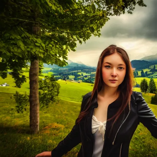 Image similar to a beautiful photograph of a girl with switzerland landscape in the background with trees, hdr, 8 k, high quality, sharp focus, artstation, highly detailed, award - winning, dramatic lighting, beautiful clouds, and nature