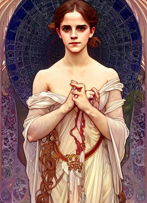 Image similar to Emma Watson as God of Beautifully, full body shot, cute, fantasy, intricate, elegant, highly detailed, digital painting, 4k, HDR, concept art, smooth, sharp focus, illustration, art by alphonse mucha,artgerm, H R Giger