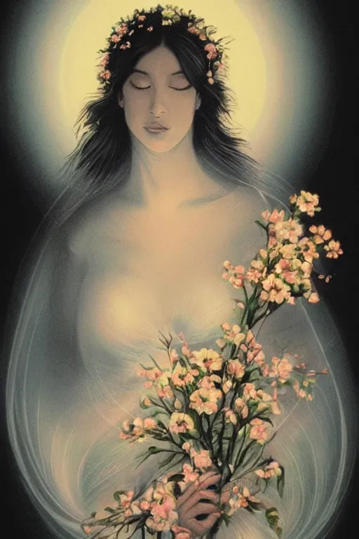 Prompt: The image depicts a woman in a flowing white dress, holding a bouquet of flowers. She is surrounded by a bright, halo-like aura. The background is a series of concentric circles, radiating out from the woman. The overall effect is one of serenity and heavenly beauty. The lithograph is printed in a limited number of colors, but the effect is very rich and detailed. Mucha's use of line is particularly notable, as it creates a sense of movement and energy around the central figure. The concentric circles in the background add to this sense of motion, while also providing a stable reference point for the viewer. The overall composition is well balanced and harmonious. The lithograph is printed in a limited number of colors, but the effect is very rich and detailed. Mucha's use of line is particularly notable, as it creates a sense of movement and energy around the central figure. The concentric circles in the background add to this sense of motion, while also providing a stable reference point for the viewer.