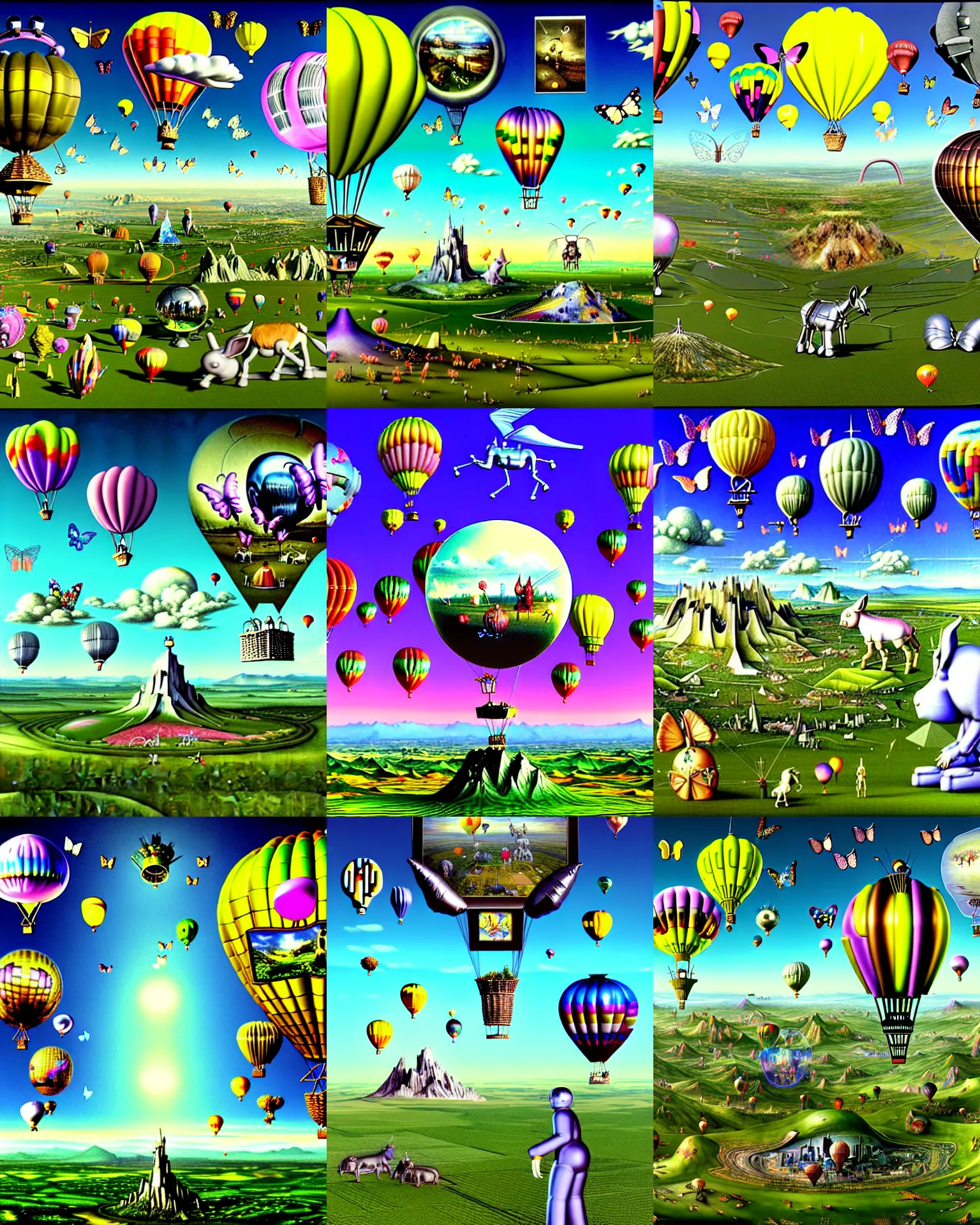 Prompt: 3 d render of cybernetic hieronymus bosch landscape with cyborg balloon donkey with angel wings and hot air balloons against a psychedelic surreal background with 3 d butterflies and 3 d flowers n the style of 1 9 9 0's cg graphics, lsd dream emulator psx, 3 d rendered y 2 k aesthetic by ichiro tanida, 3 do magazine, wide shot