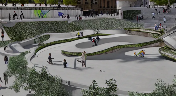 Prompt: An skatepark designed by Gaudí, highly detailed, 8k, HD, architectural