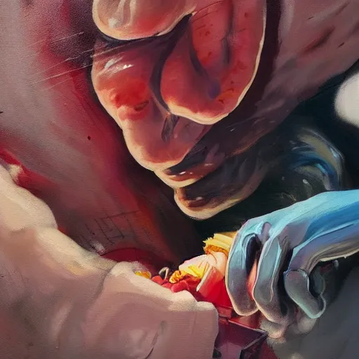 Prompt: low angle view of a butcher working, artwork medium shot, asymmetrical, profile picture, organic painting, night time, matte painting, bold shapes, hard edges, street art, trending on artstation, by huang guangjian and gil elvgren and sachin teng, from below, worms - eye - view, close - up!!!!!