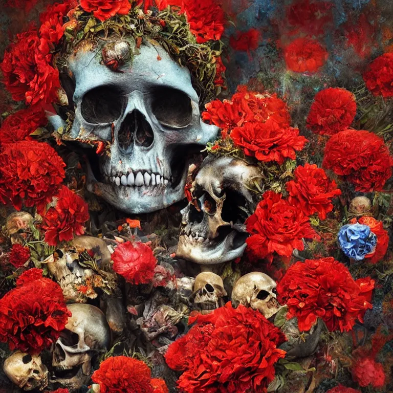 Image similar to A beautiful oil painting hyperrealism of a decayed black head, rotting black clay skin, skull bones, red flowers, floral headdress, 8k resolution, octane render, Trending on artstation, by Gediminas Pranckevicius, volumetric light 2blue fractal Thunder glow by dan mumford, anaglyph effect, Laurie Lipton