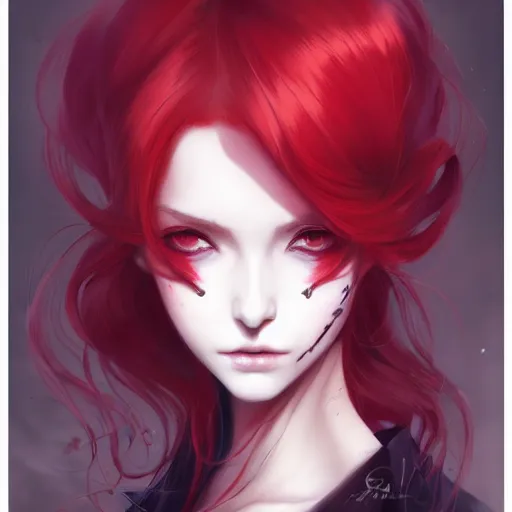 Image similar to facial portrait of a young pretty anime woman, long red hair, dark eyes, gothic eyeliner, character concept art, headshot, Charlie Bowater, Anna Dittmann, WLOP, Rumiko Takahashi, Akihiko Yoshida, Hyung-tae Kim, alexander mcqueen, trending on Artstation