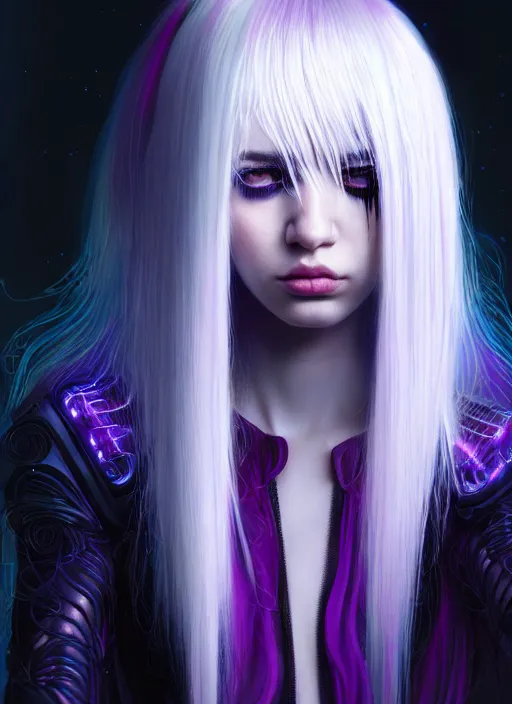 Image similar to hair whitebangs hair, black cyberlox, portrait of normal teenage girl with white bangs, messy bangs, cyberlox, whitebangs, red irises, purple clothes, intricate, elegant, glowing lights, highly detailed, digital painting, artstation, concept art, sharp focus, smooth, illustration, art by wlop, mars ravelo and greg rutkowski