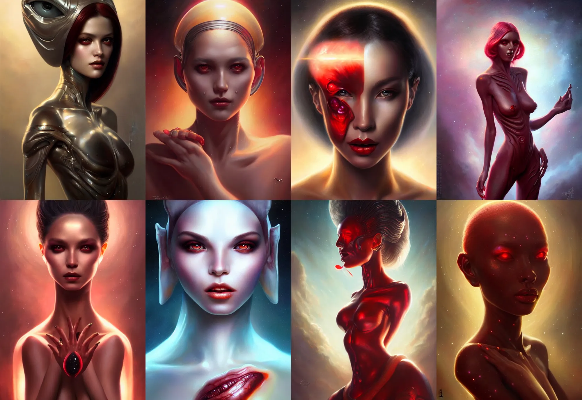 Prompt: a beautiful alien woman with ruby skin, painted by artgerm and tom bagshaw, fantasy art, dramatic lighting, highly detailed oil painting