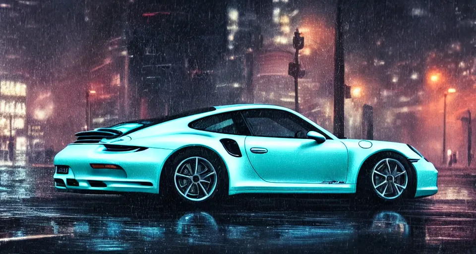 Image similar to close up macro shot of a porsche 9 1 1 car on wet city street at night, intricate, hyper detailed, smooth, high contrast, neon, volumetric lighting, octane, moebius, greg rutkowski, blade runner, ripley scott, cindmatic